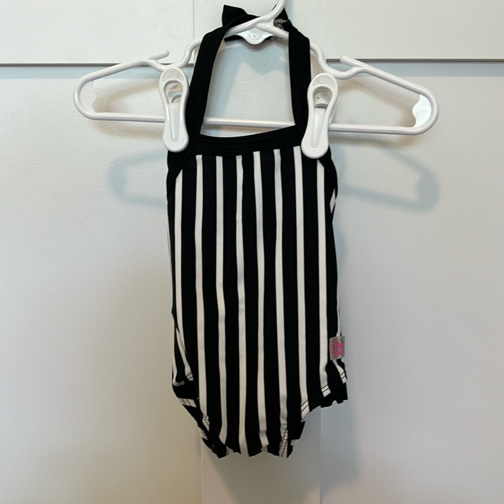 RuffleButts® Baby/Toddler Girls Black and White Stripe Halter One Piece - 3-6m